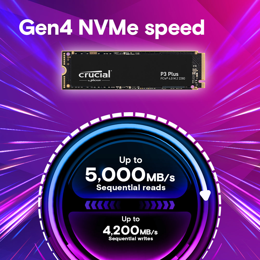 Crucial P3 Plus NVMe PCIe M.2 GEN4 3D NAND Solid State Drive up to 4700MB/s | 500GB 1TB 2TB 4TB Capacity Crucial P3 Plus NVMe PCIe M.2 GEN4 3D NAND Solid State Drive up to 4700MB/s | 500GB 1TB 2TB 4TB Capacity